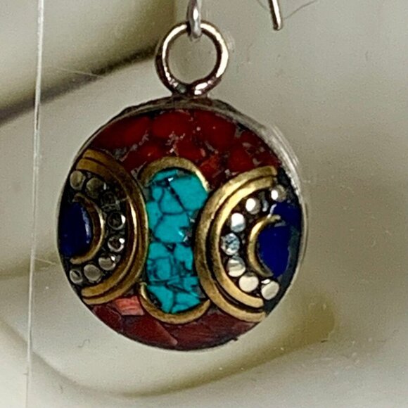 Turquoise Lapis and Coral Nepalese Earrings - Picture 2 of 6